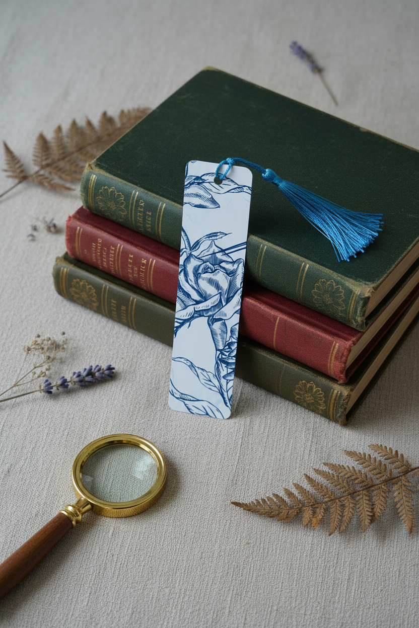 Blue Rose Etching Bookmark with teal tassel standing upright against stack of vintage hardcover books with magnifying glass and dried botanical sprigs on linen