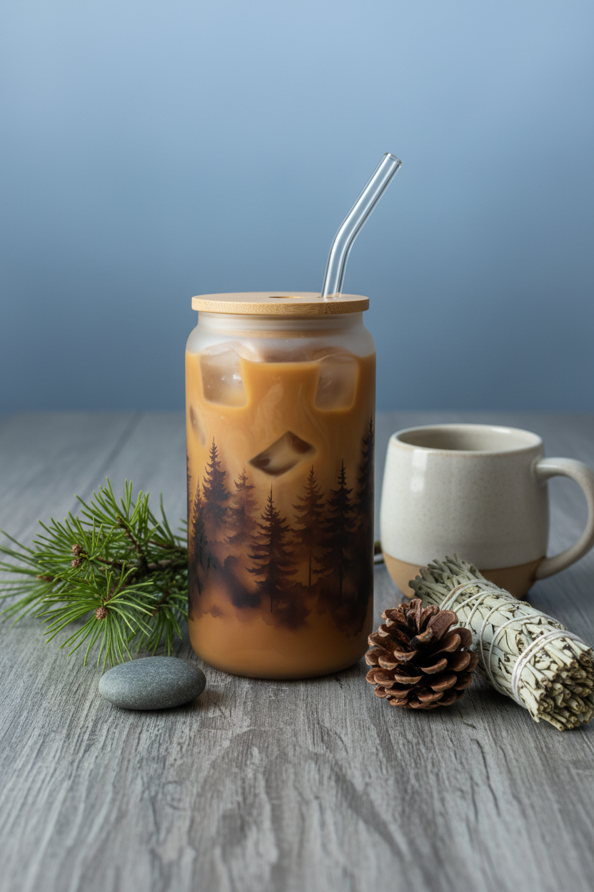 Misty Pine Forest Glass Can flat lay filled with creamy iced coffee on grey wood with pine branches, river stone, pinecone and sage bundle