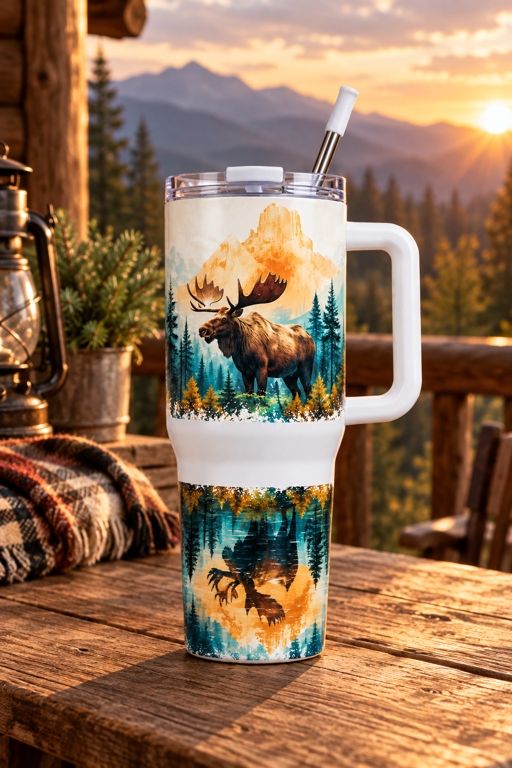 Golden Mountain Moose 40oz tumbler on cabin porch at sunset