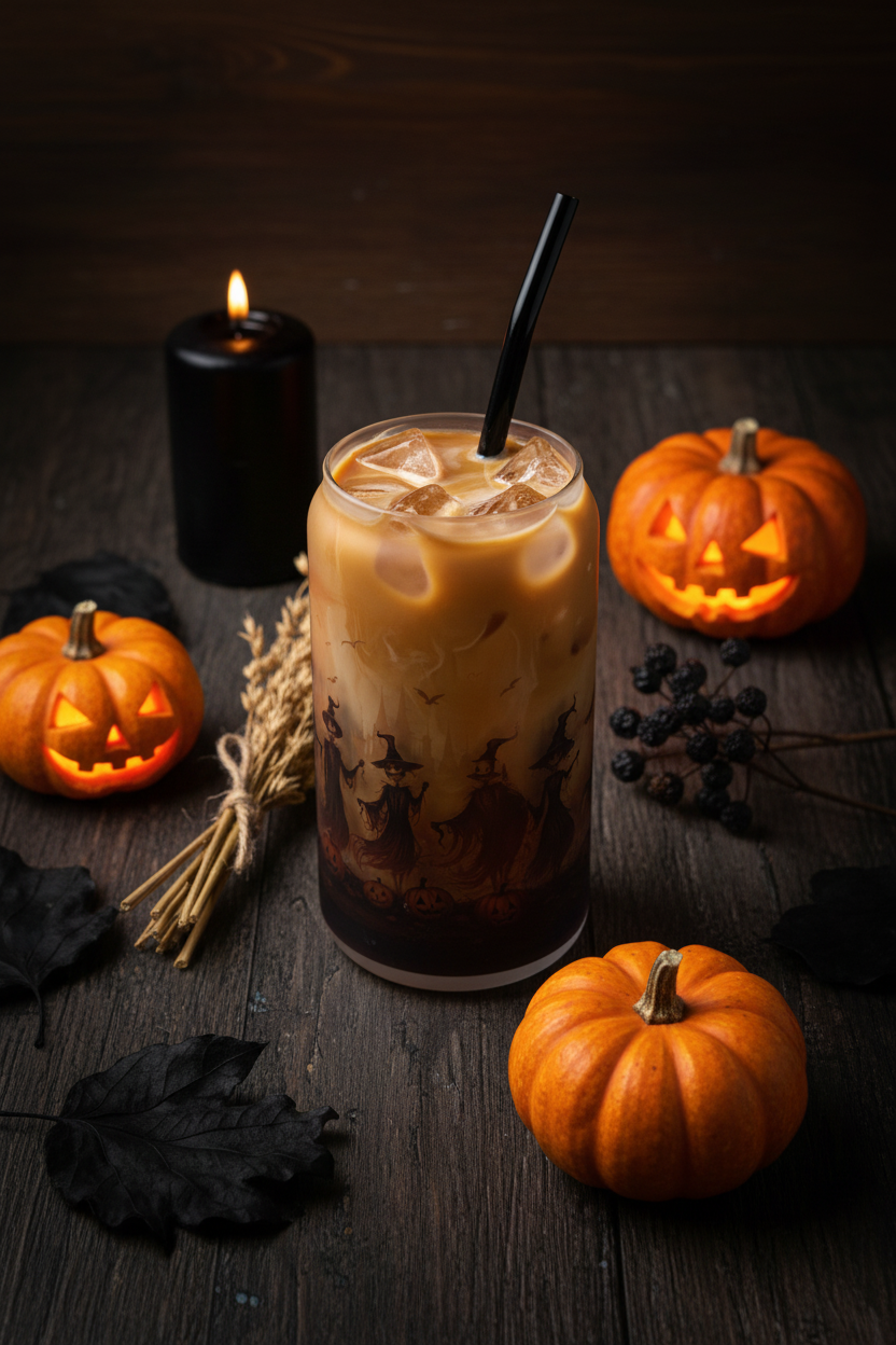 Halloween Scarecrow Witch Glass Can flat lay filled with creamy iced coffee and black straw surrounded by glowing pumpkins, black candle and dried corn stalks