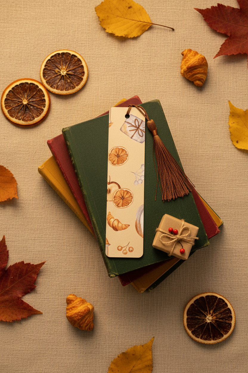 Cozy Autumn Bookmark back side with bronze gold tassel standing against stack of books surrounded by real dried orange slices mini croissant small wrapped gift and autumn leaves