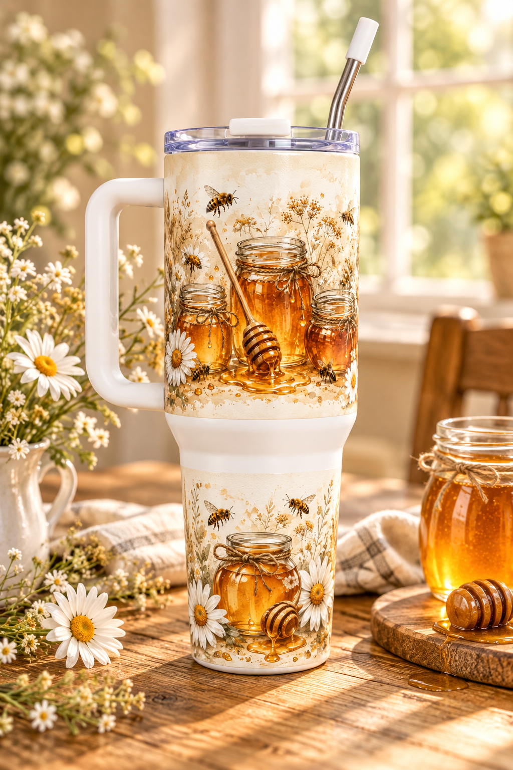 Honey and Daisies 40oz tumbler on sunlit farmhouse table