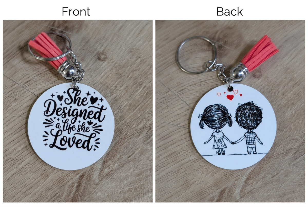 Keychain front and back side-by-side