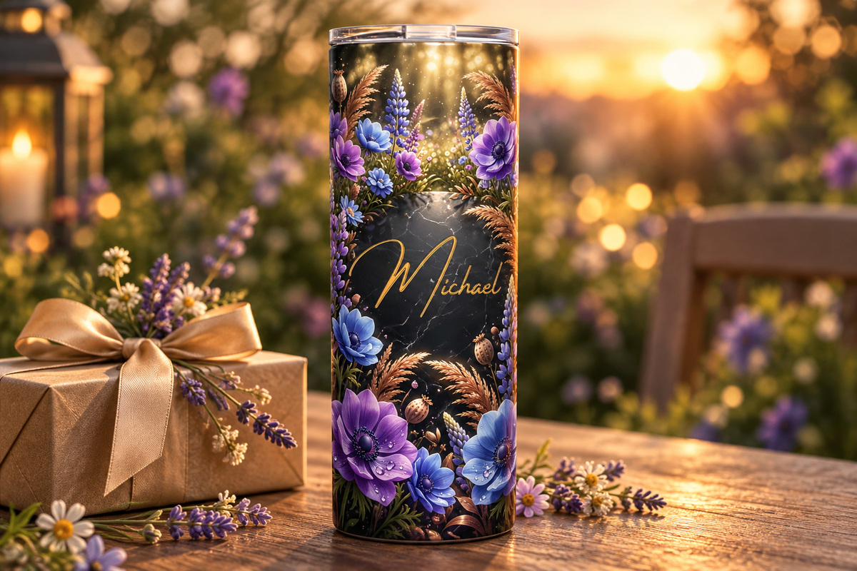 Moonlit meadow floral tumbler lifestyle photo