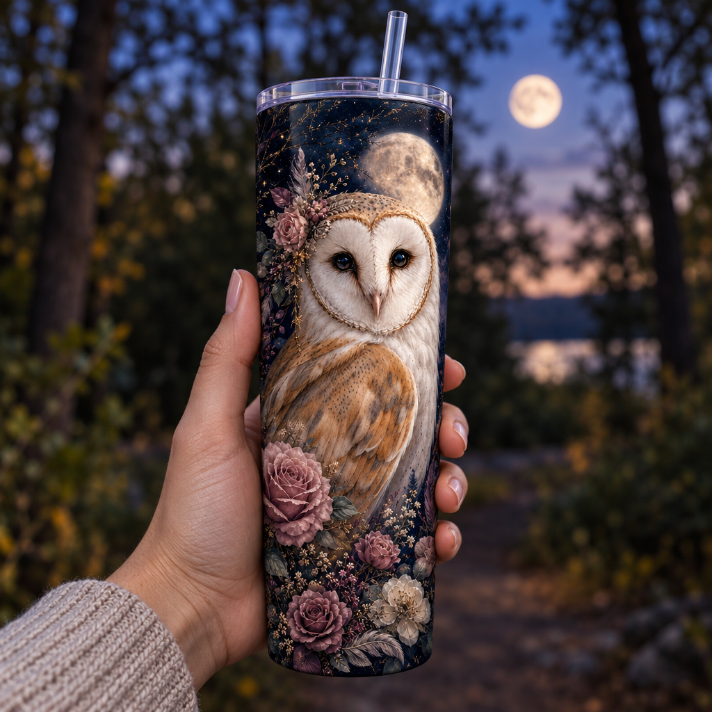 Moonlit owl tumbler in use