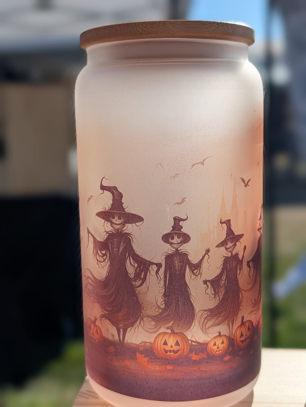 Halloween Scarecrow Witch Coven Frosted Glass Can – 16oz Spooky Season Iced Coffee Gift