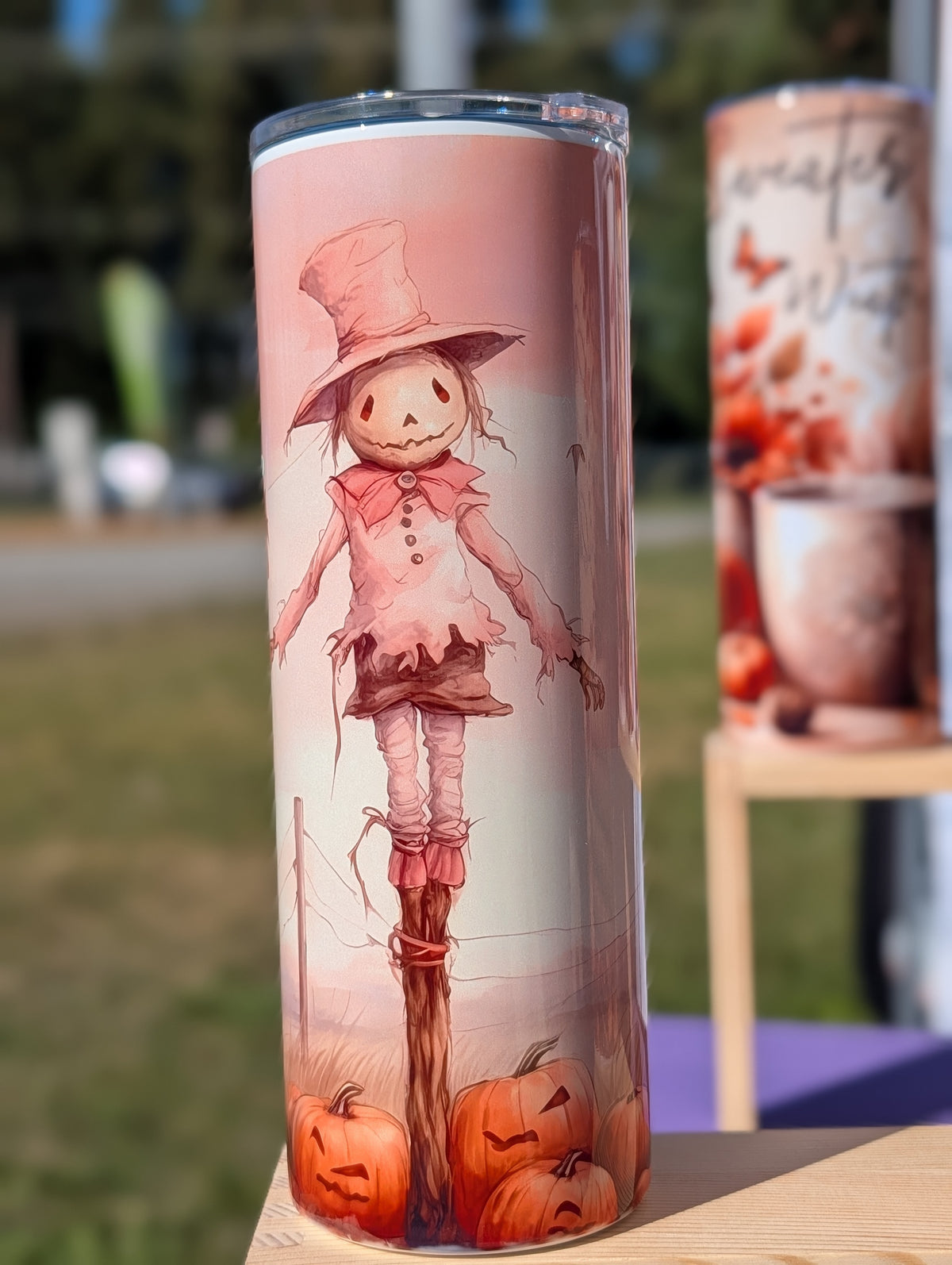 Watercolor Scarecrow Tumbler – 20oz Soft Spooky Season Cup (Blush Fall Aesthetic)