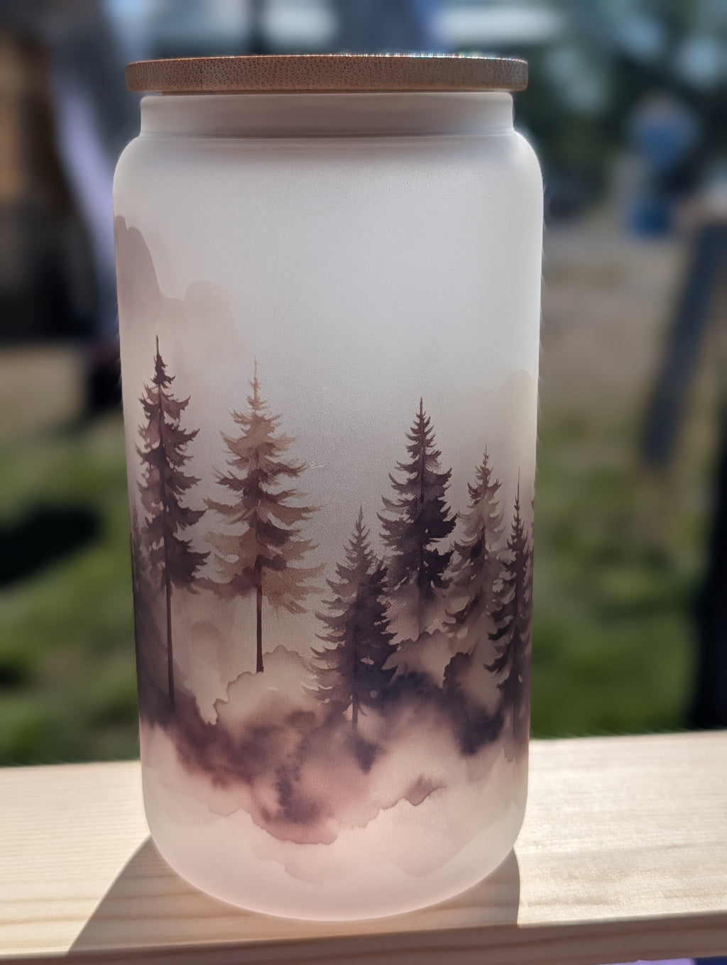 Misty Pine Forest Frosted Glass Can 16oz | Nature Hiker Iced Coffee Gift for Women