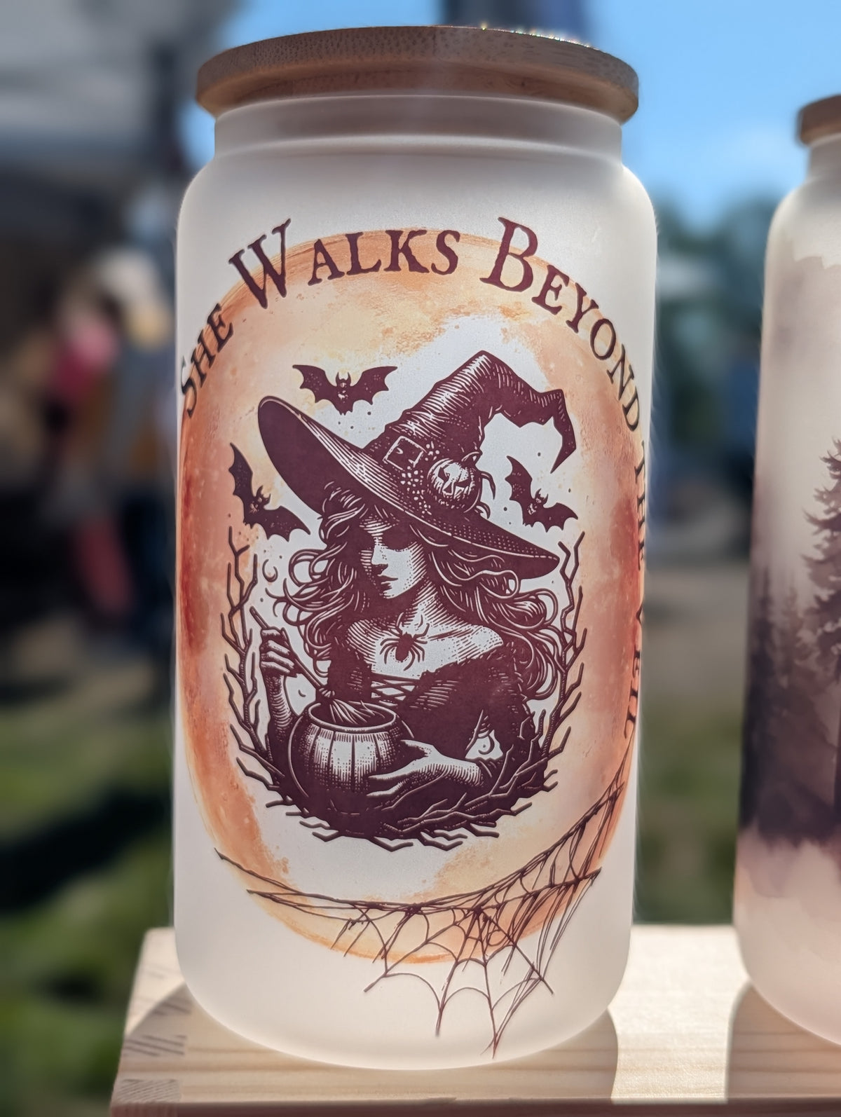 She Walks Beyond Frosted Glass Can – 16oz Gothic Witchy Iced Coffee Cup (Vintage Engraving Style)