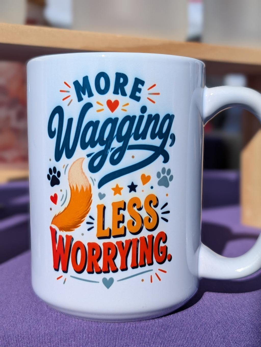 Dog Mom Mug – 15oz “More Wagging Less Worrying” Funny Dog Lover Coffee Cup (Golden Dog + Paw Prints)