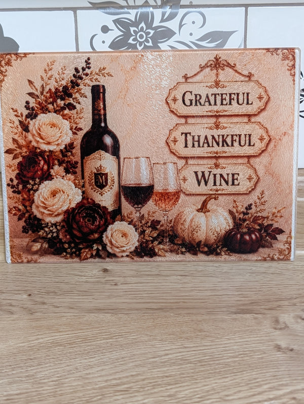 Grateful Thankful Wine 11 × 8 Glass Cutting Board