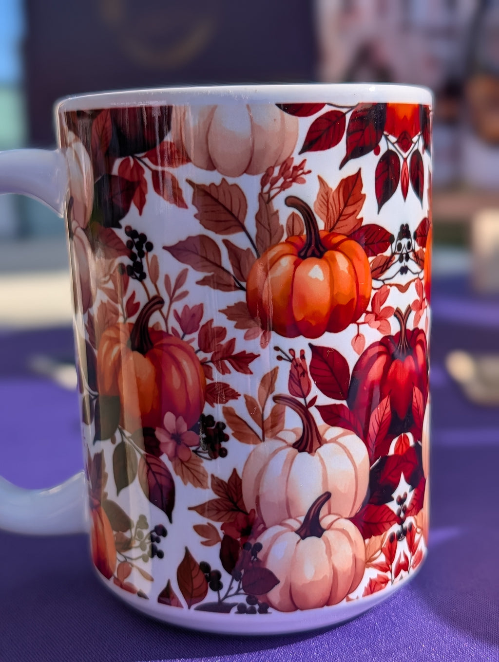 Pumpkin Harvest Mug – 15oz Fall Coffee Cup (Autumn Pumpkins + Burgundy Leaves)