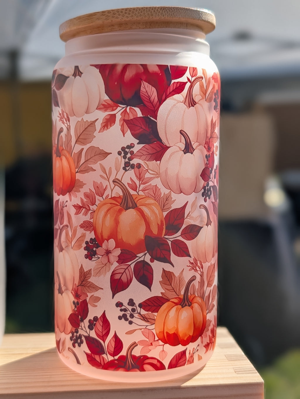Fall Pumpkin Harvest Frosted Glass Can – 16oz Autumn Iced Coffee Gift (Pumpkins + Burgundy Leaves)
