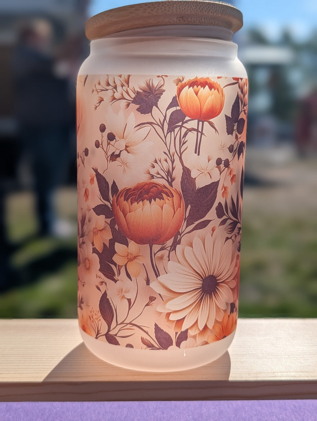 Vintage Botanical Floral Frosted Glass Can – 16oz Cottagecore Iced Coffee Cup (Peonies + Daisies + Roses)