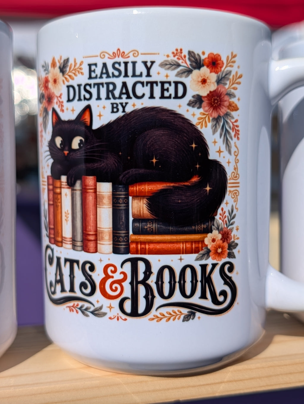 Cat & Books Mug – 15oz “Easily Distracted” Funny Cat Mom Coffee Cup (Black Cat + Vintage Books)