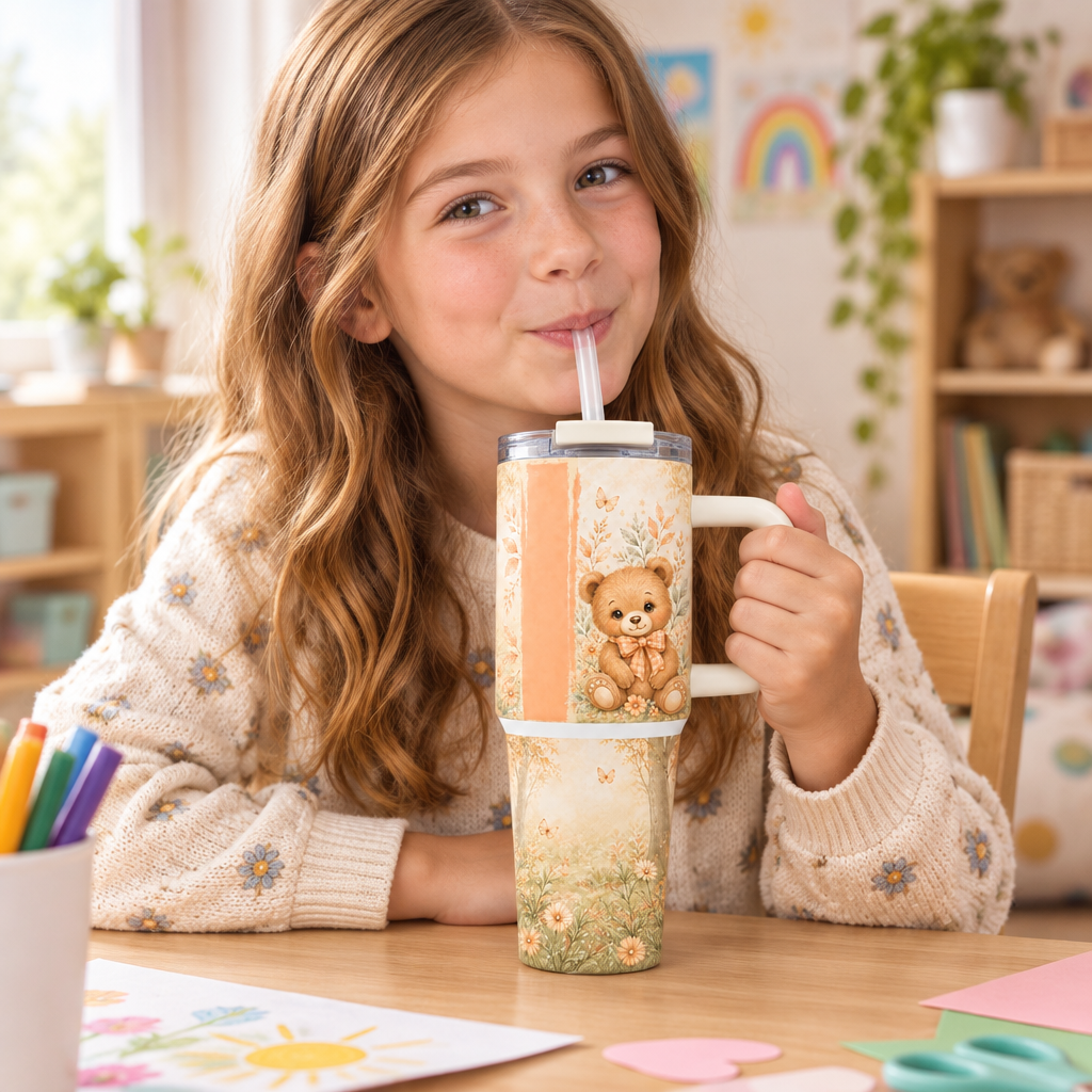 Teddy bear tumbler at a craft table