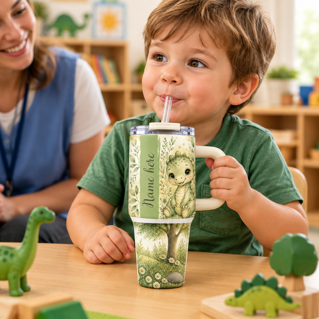 Toddler using the dino tumbler