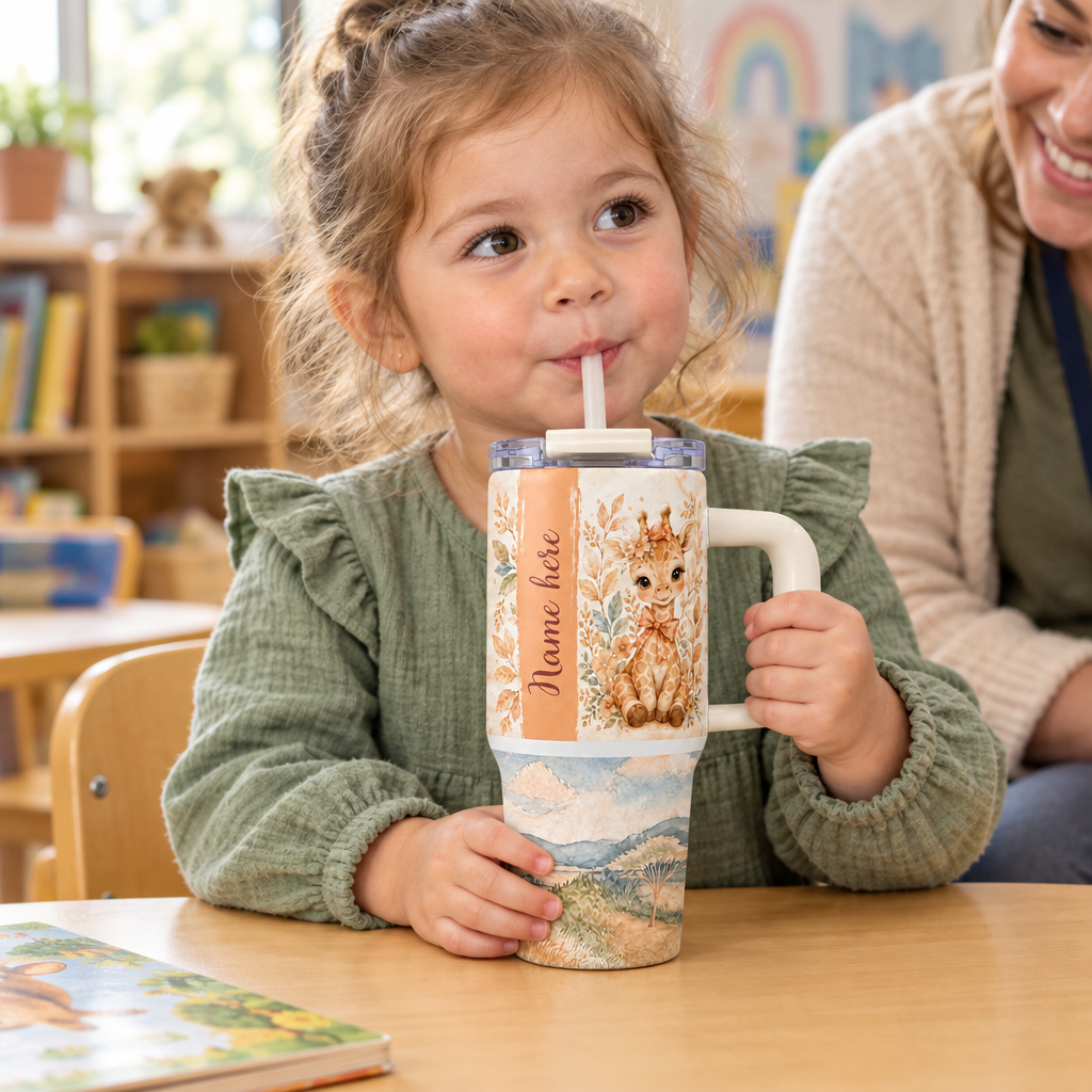 Toddler using the giraffe tumbler