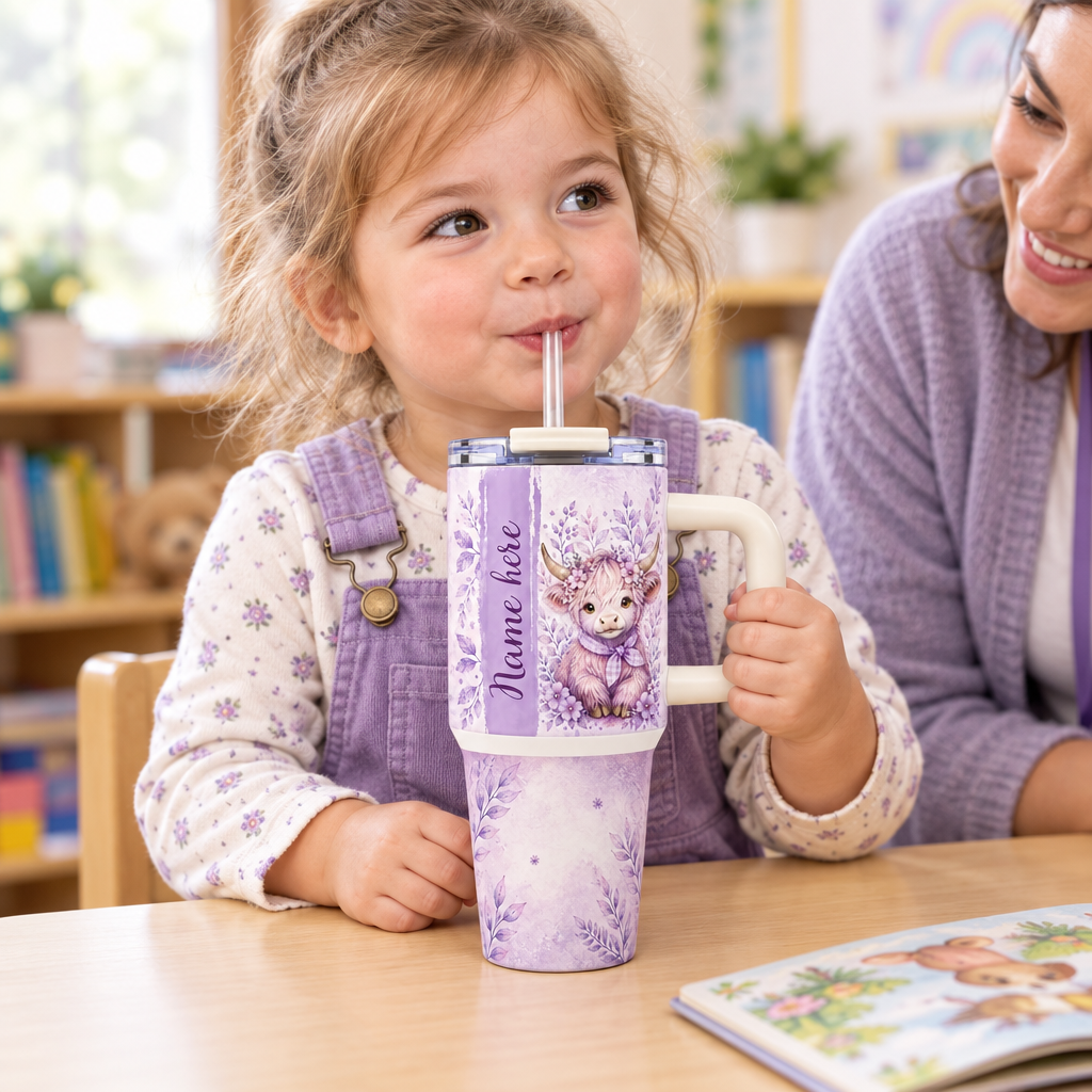 Toddler using the Highland cow tumbler