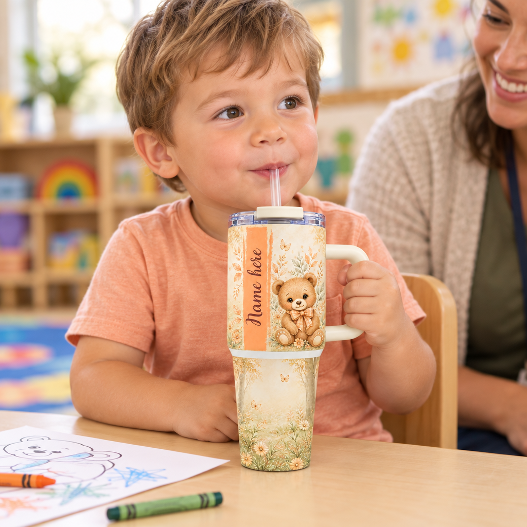 Toddler using the teddy bear tumbler