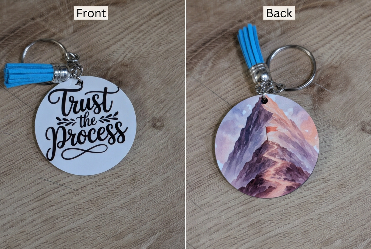 Trust the Process keychain front and back
