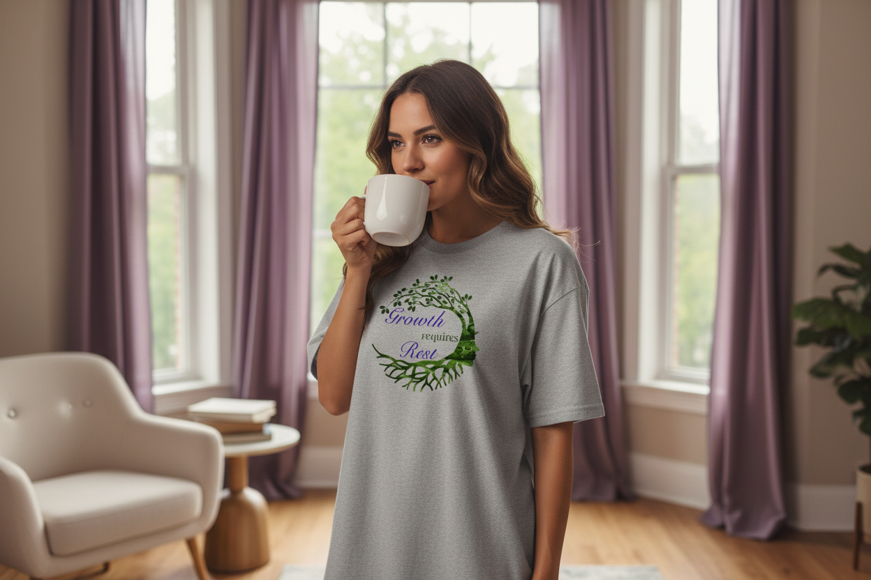 Woman in Growth requires Rest shirt by bay window